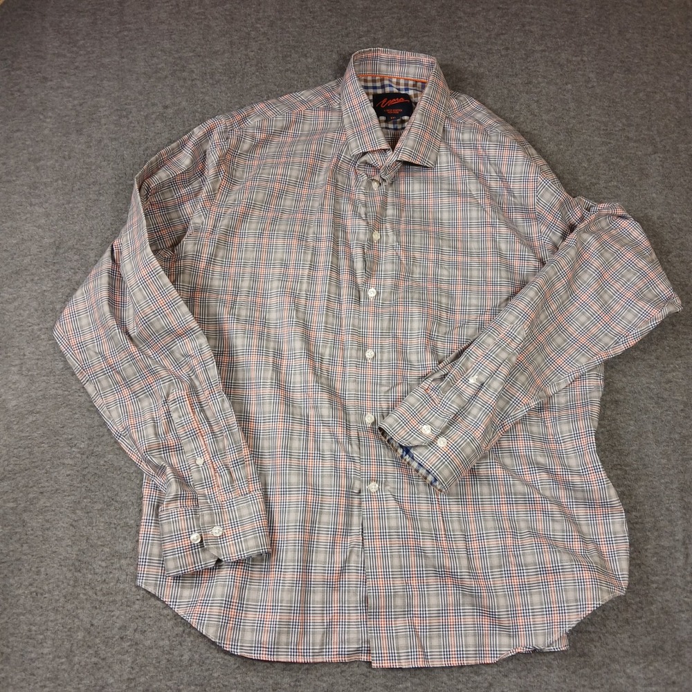 Egara Mens XXL Slim Fit Stretch Non Iron Dress‎ Shirt Blue Brown Orange Plaid